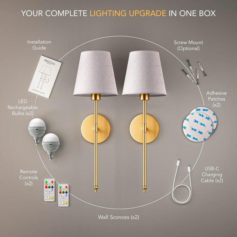 pridola Set of 2 Wireless Wall Sconces – Stick-On or Screw Mount - Rechargeable LED Bulbs, Remote Controlled, Adjustable Brightness & Warmth, Easy Installation, Living Room Wall Decor (Gold) - Image 2
